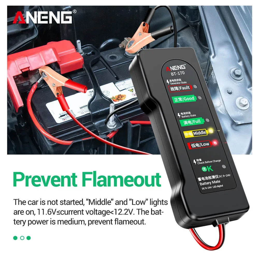 ANENG 9~24V Car Battery Tester Alternator Tester Automotive Battery Checker Analyzer to Check alternator&Battery Charging System