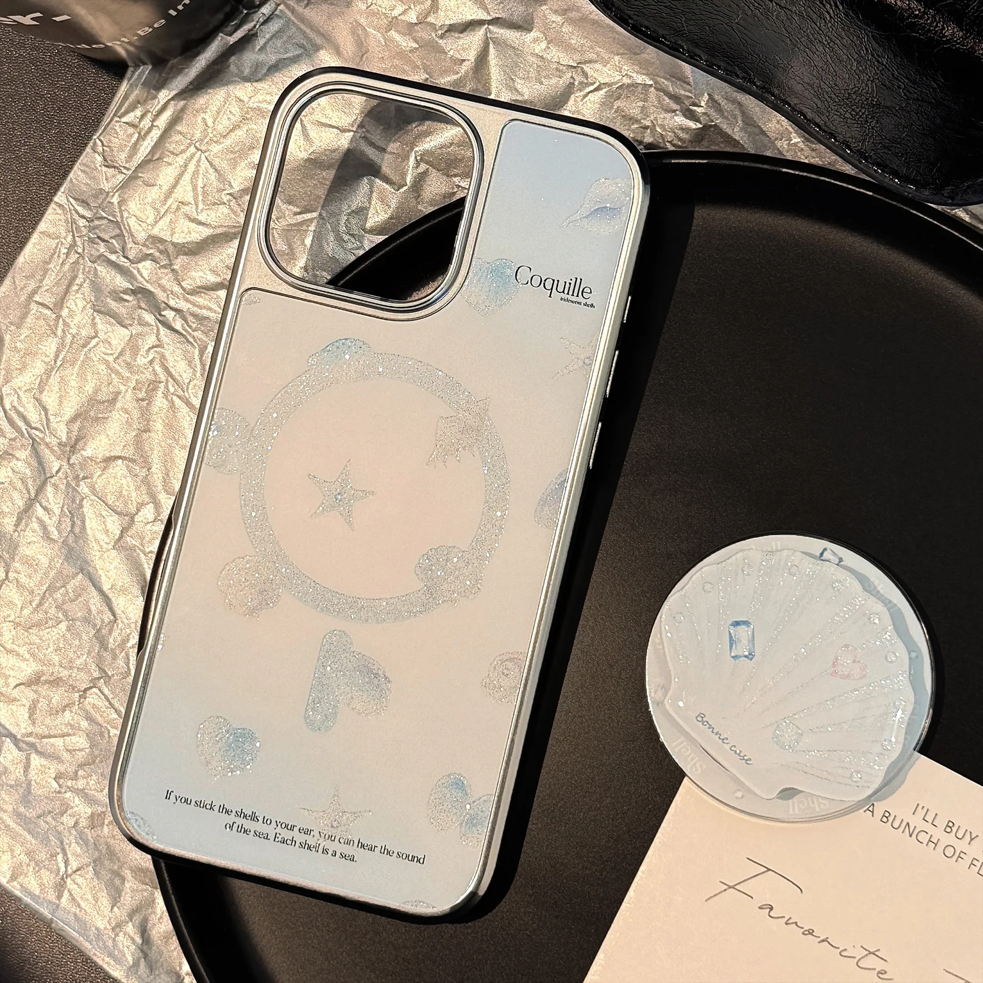 Sommerblaue Ozean-Shell-Halterung, glitzernde, magnetische Handyhülle für iPhone 17, 15, 13, 14, 12, 16, Pro Max, stoßfeste Hartschale