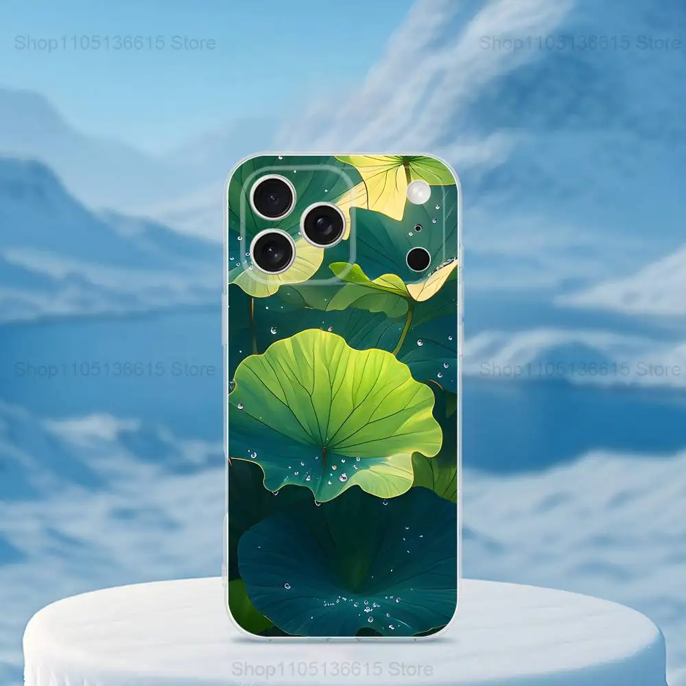Funda de teléfono Nature Lotus Leaf para iPhone 16,15,14,13,12,11,17 Pro,Max,Plus,X,XS,XR,SE,Mini cubierta suave transparente