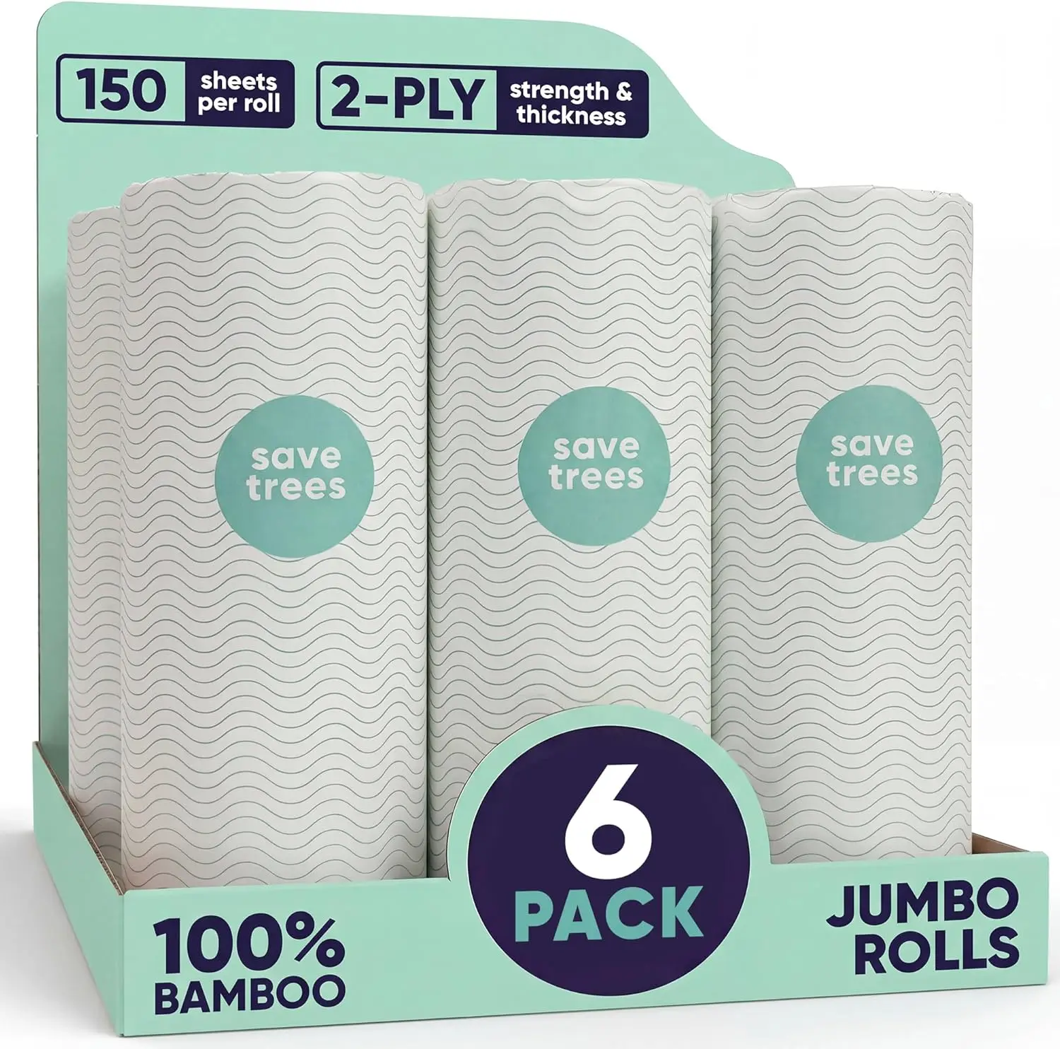 Toallas de Papel de Bambú, Paquete de 6, 750 Hojas, Ultra Absorbentes y Duraderas, Ecológicas, Certificadas por FSC, Sin Plástico