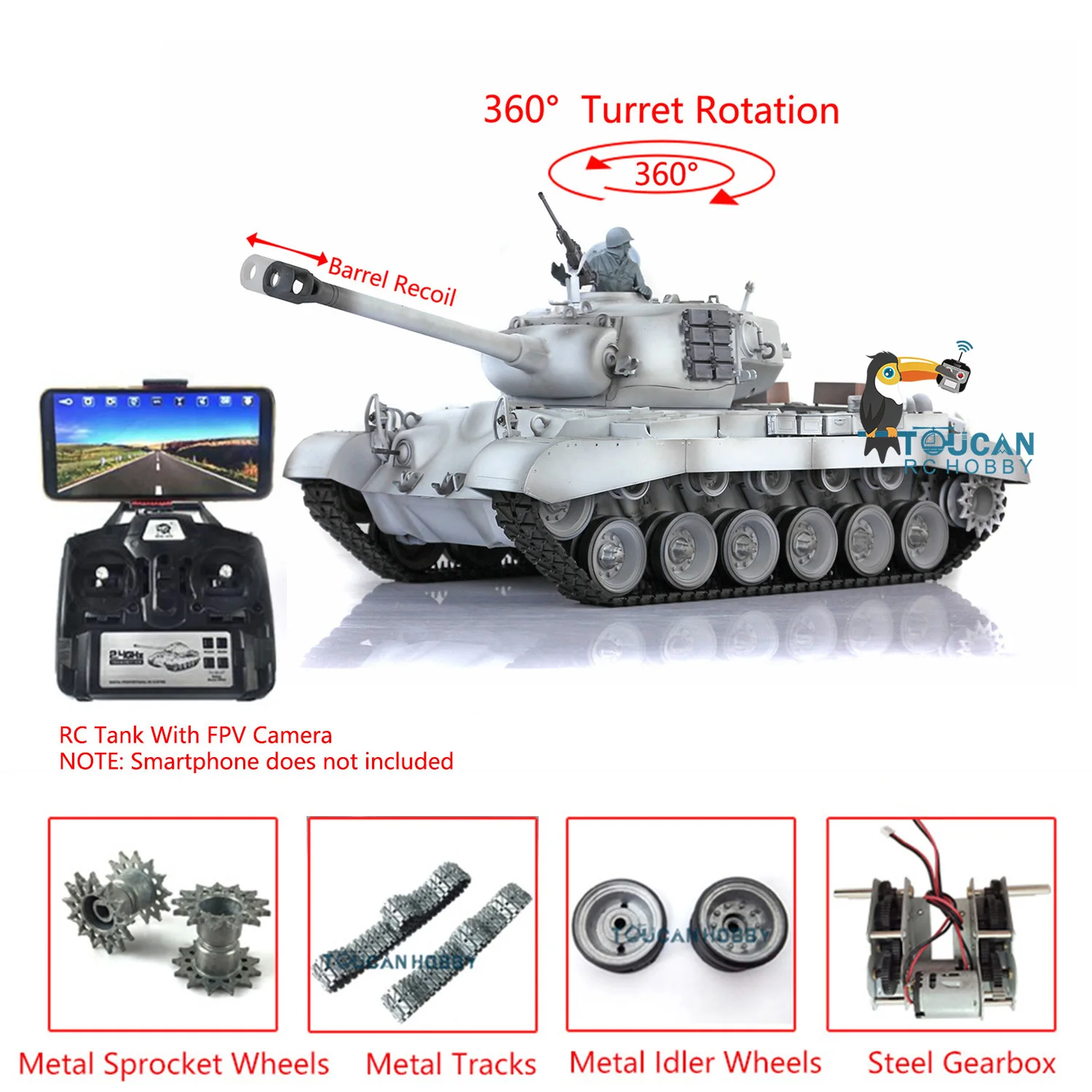 Henglong 1/16 FPV Camera System M26 Pershing RTR RC Tank 3838 With Barrel Retractable 7.0 Upgraded Ver As Boys Christmas Present