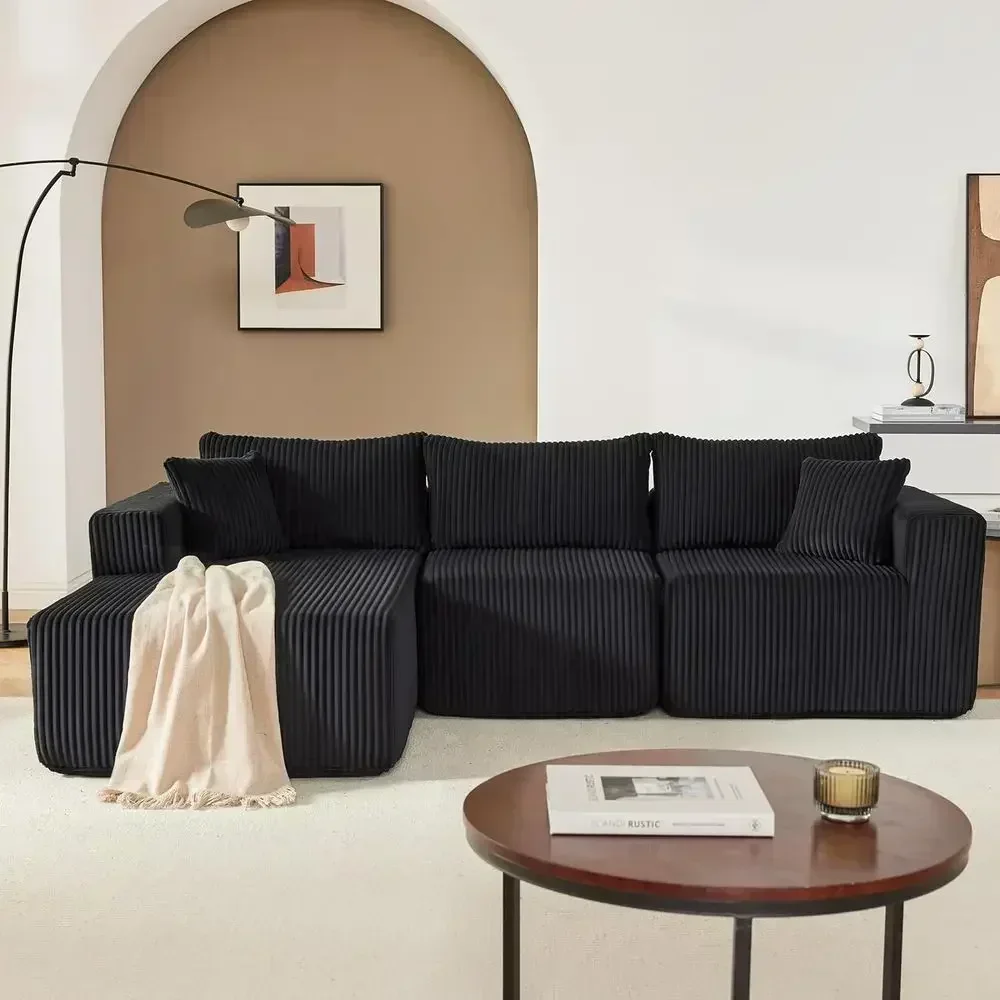 97 Deep Seat Cloud Couch, L-Shaped Chaise, Minimalist Upholstered Sectional Sofa, No Assembly Needed, Corduroy Black