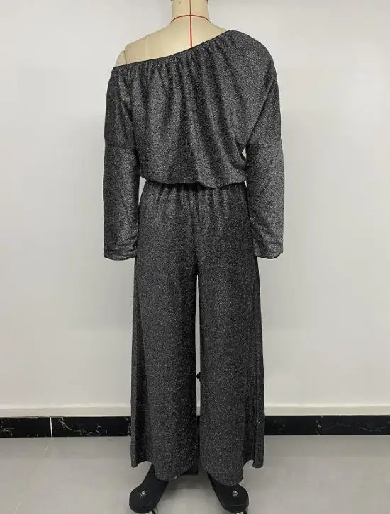 جمبسوت حريمي لربيع وخريف 2025 فريد جديد بلون سادة وياقة مائلة وأكمام طويلة من الحرير الفضي جمبسوت غير رسمي بأرجل واسعة #5