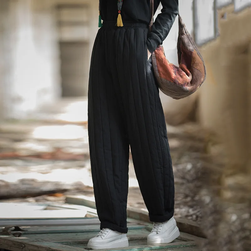Quilted Vertical Grid Women's Cotton Pants Trousers Winter Cotton Linen Women's New Cotton Padded Thick Warm Casual Pants