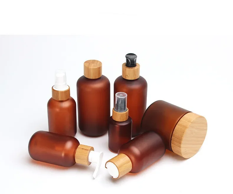 

luxury skincare packaging brown amber matte shampoo bathroom lotion pump PET bottle with bamboo lids,With for Skin Care Cream