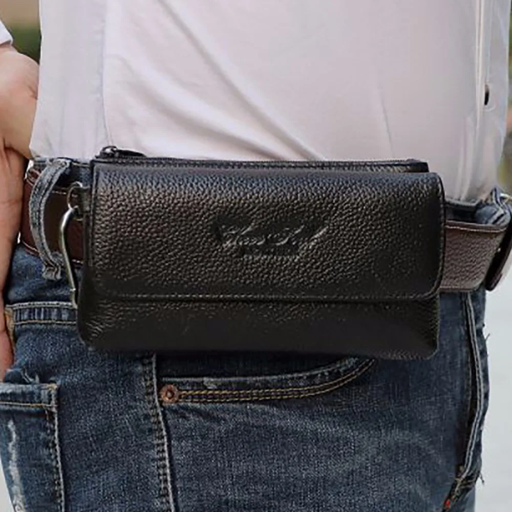 New Genuine Leather Business Waist Bag First Layer Cowhide Men Hip Bum Fanny Hook Pack Loop Skin Belt Case Mobile Cell Phone Bag