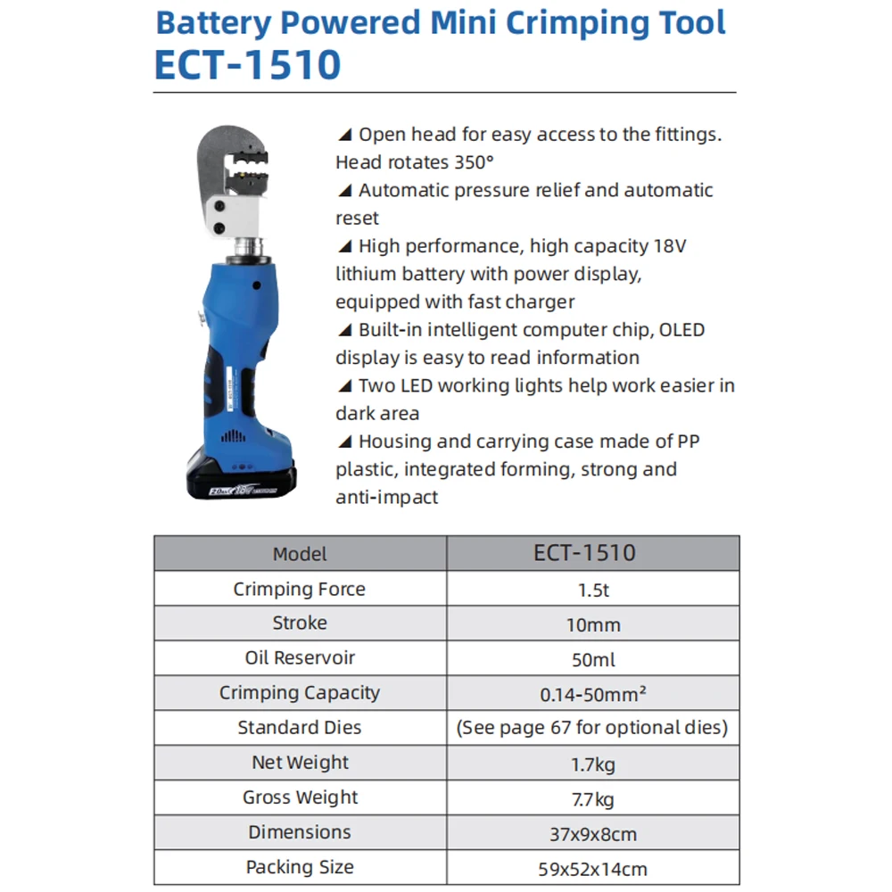 -1510  Mini Crimping Tool 1.5t 0.14-50mm2 Open Head 350 Deg 1.7kg 18V