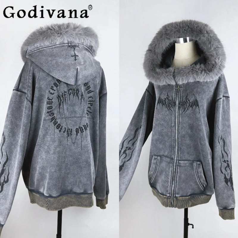 

Subculture Gothic Dark Plush Warm Thickened Hooded Jacket Autumn Winter New Girls Punk Sweet Cool Letter Print Coat for Women