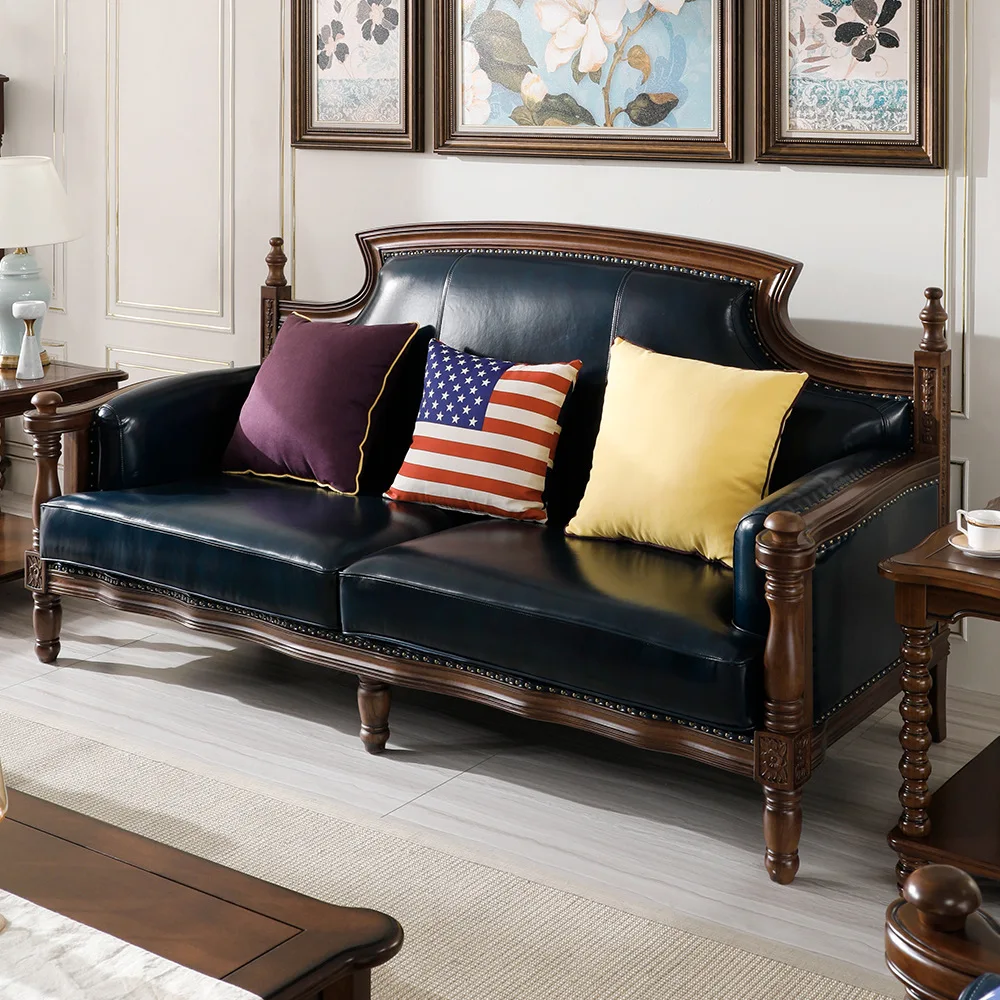 American solid wood sofa leather first layer cowhide sofa three people