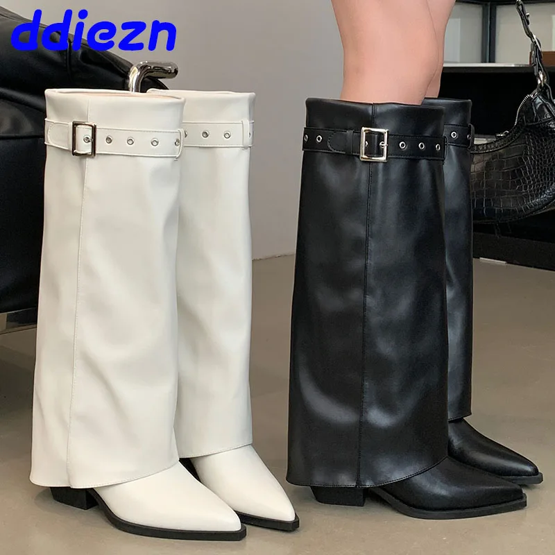 Fashion Pointed Toe Women Long Western Booties Shoes Footwear Buckle Strap Ladies Knee High Boots Female Medium Heels Shoes