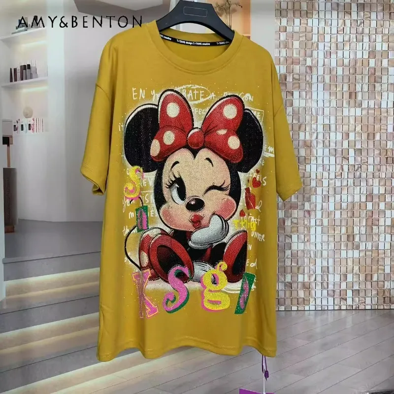 

Autumn New Heavy Industry Kawaii Tees Full Diamond Cartoon Short-sleeved Top T-shirts Trendy Couple Tees Short-sleeved Pullovers