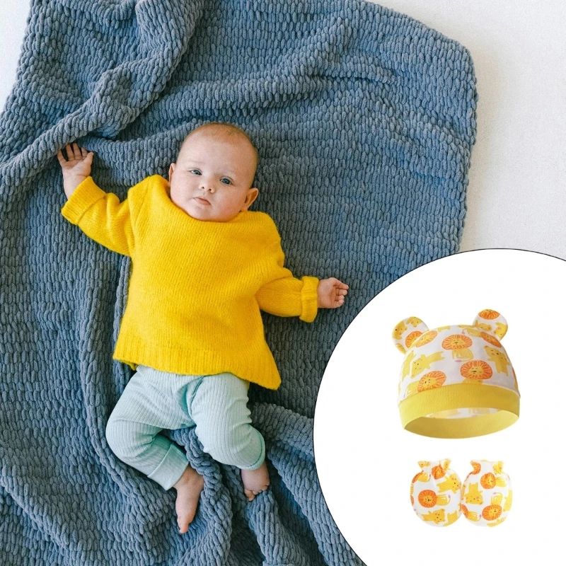 Soft & Breathable Baby Bonnet with Matching Mittens Scratch Resistant Infants Bonnet Caps and Gloves Set for 0-6 Month