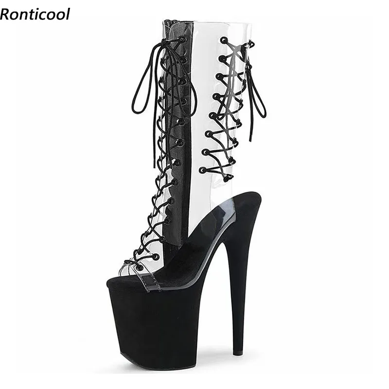 

Ronticool/женские летние ботинки до середины икры на платформе, пикантные черные туфли на шпильке с круглым носком для ночного клуба, женские размеры США 6-12