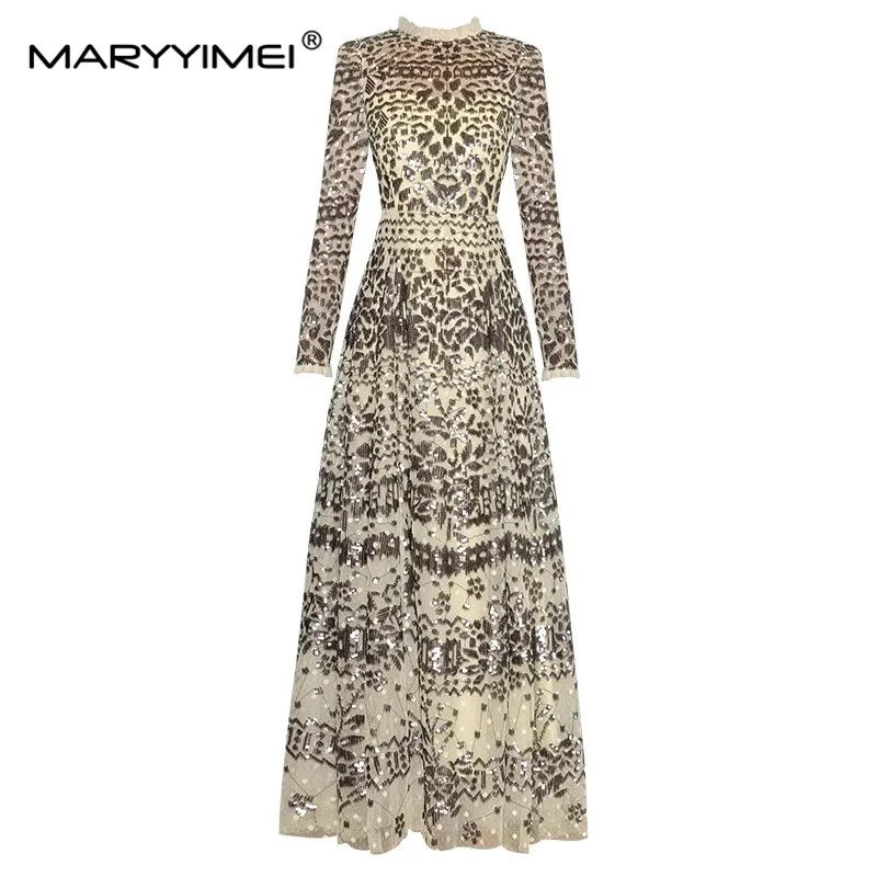 MARYYIMEI Fashion Spring Autumn Women's dress Long sleeved Mesh sequins Vintage Elegant Maxi Dresses