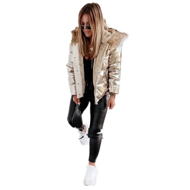 Women Solid Shiny PU Jackets 2023 Winter Fashion Big Fur Collar Hooded Down Cotton Coats Ladies Casual Thick Warm Zipper Parkas