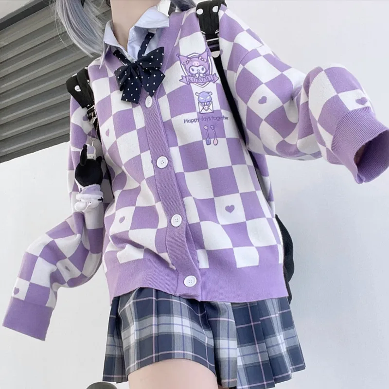 Sanrio Kuromi-suéteres de punto con bordado para mujer, cárdigan nuevo de otoño e invierno, suéter versátil de tendencia suave y cálido a la moda