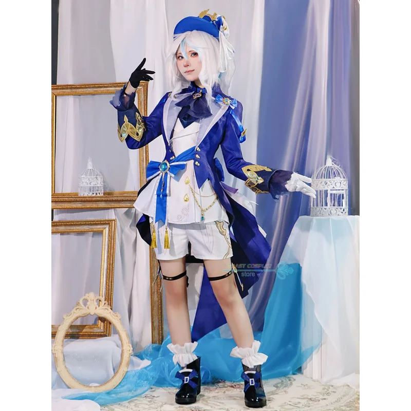 Game Genshinimpact Fontaine Character Focalors Cosplay Costume with Hat Patterned Fabrics Focalors Sexy Anime Costume Wig Women