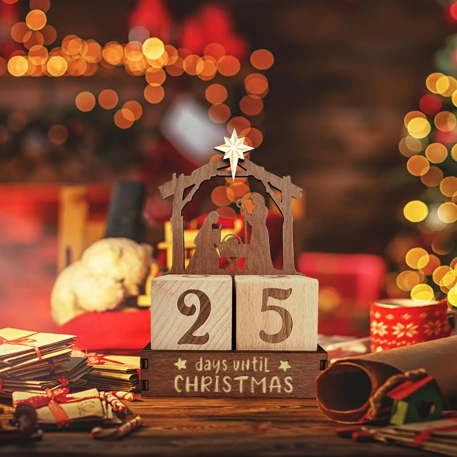 25Days Christmas Wooden Nativity Countdown Calendar Blocks Nativity Tabletop Ornament Room Shelf Decor Winter Festival Xmas Gift