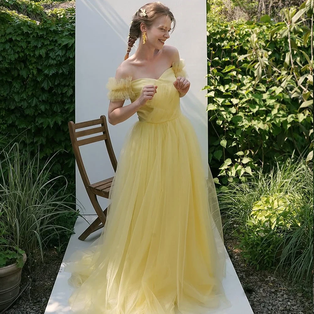 

Bowith Korean Wedding Snap Dresses Soft Tulle A-line Wedding Reception Dresses Off the Shoulder Customized Evening Party Dresses