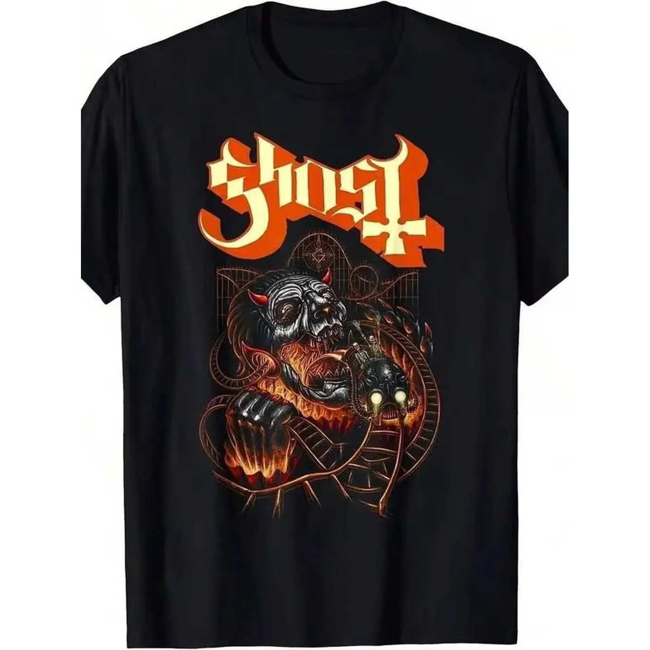 Ghost Demonic Graphic Plus Size T-Shirt With Skull Face And Fiery Details - Unique Black Tee With Stylized Orange And White Lettering, Gothic Web Background, Perfect For Rock Music Lovers And Dar
