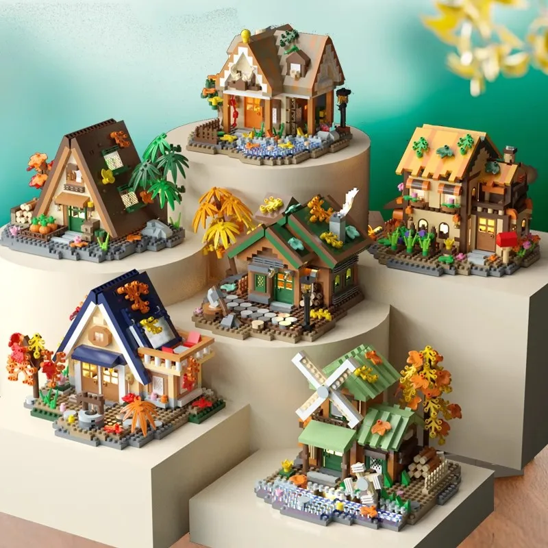 

Mini Building Blocks DIY Wooden House Flower MOC Retro Cabin Bricks Educational Toy Christmas Gifts Fun Birthday Present