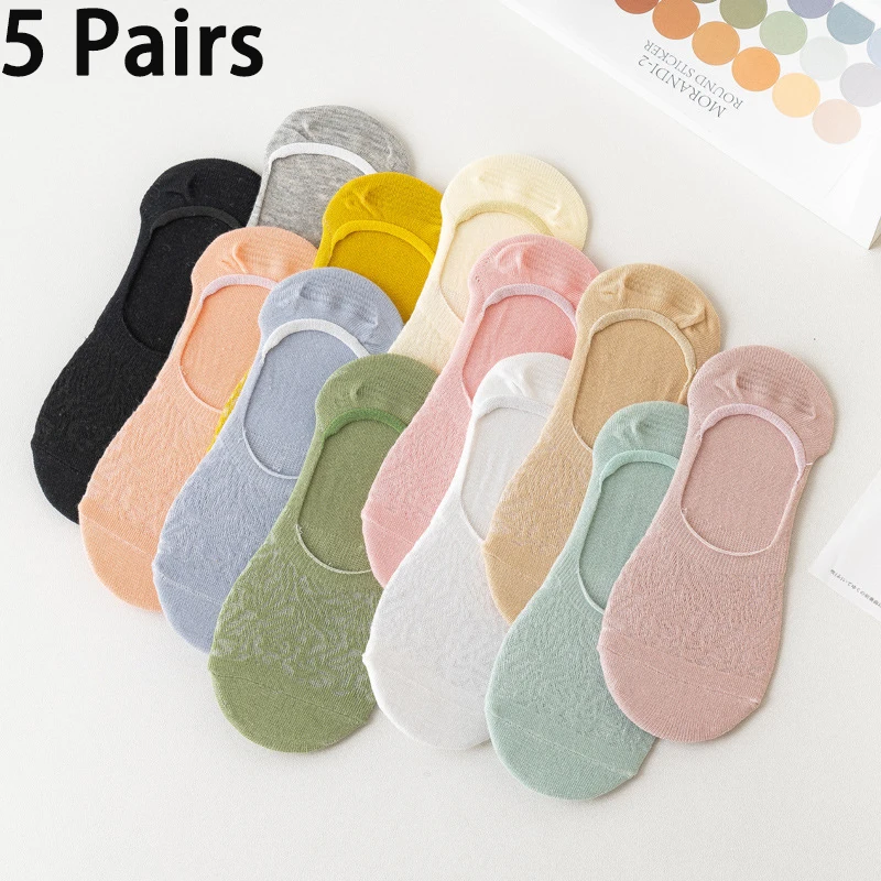 5 Pairs Summer Mesh Womens Thin Breathable Hollow Invisible Socks Silicone Non Slip Socks Candy Colored Female Socks