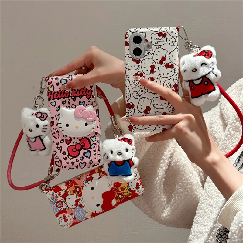 Flip leather case with pendant 3D doll Hello Kitty Sanrio Phone Soft Case for IPhone 13 14 15 16 Pro Y2k Girl Phone Case Cover