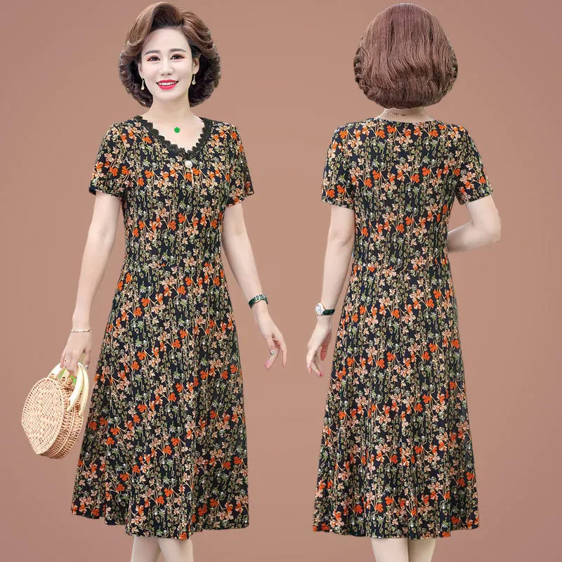 Fragmented ดอกไม้ชุดลําลองผู้หญิงฤดูร้อนคุณภาพสูงแขนสั้นแฟชั่น Elegant Retro V คอชุดผู้หญิง