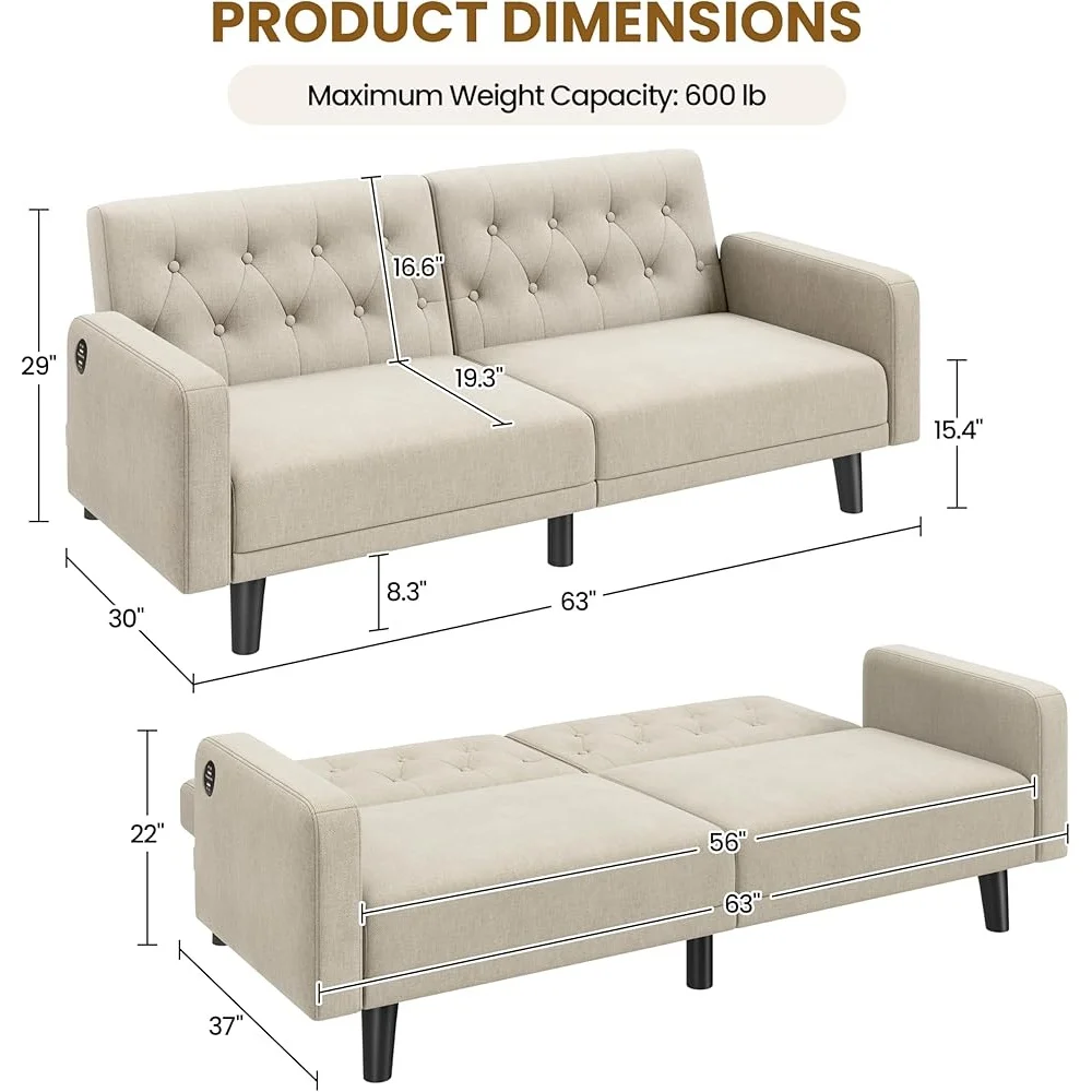63 Inch Adjustable Convertible Sofa Bed with USB Charging Reclining Futon Removable Armrests Multi-functional Couch Living Room