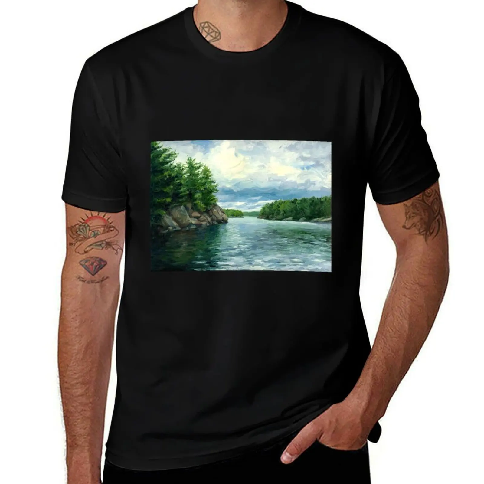 Northern Lake T-Shirt Simple Solid Color Crew Neck Tee T-Shirt