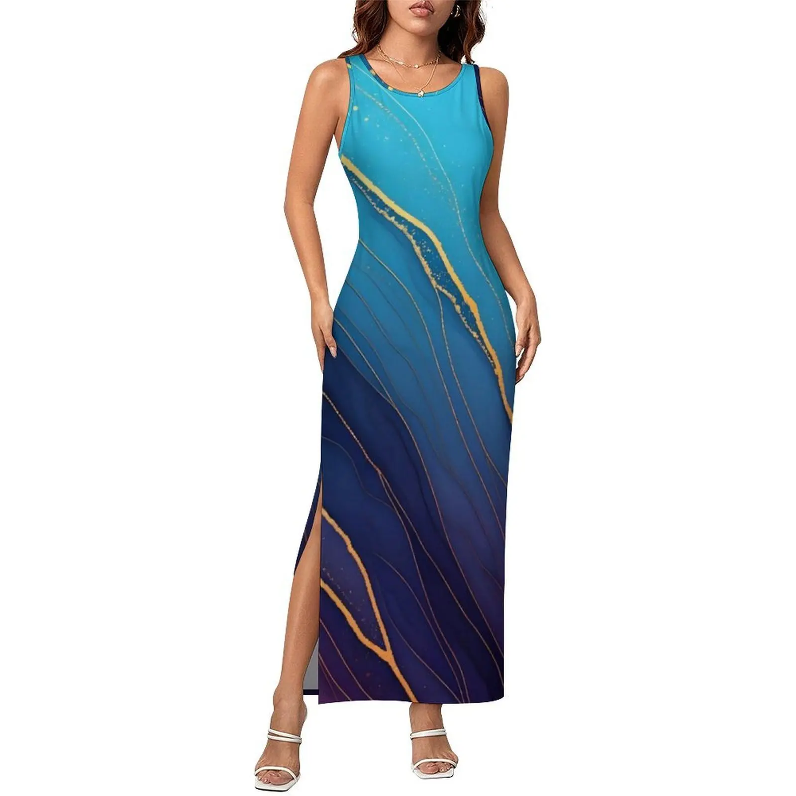 Blue Purple Gold Marble Art Dress Sleeveless Night Club Maxi Dresses Summer Casual Y2k Custom Bodycon Dress Big Size 3XL 4XL