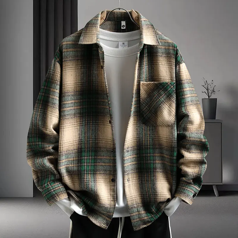 

Классическая клетчатая рубашка с длинными рукавами для мужчин, весна 202, корейские свободные повседневные рубашки с лацканами, модная универсальная рубашка, социальная уличная одежда