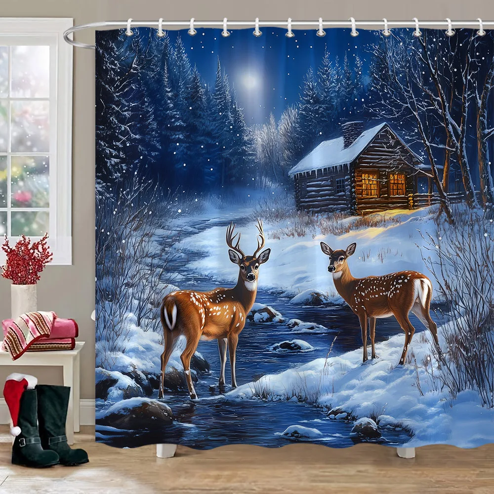 Forest Snow Deer Shower Curtain Log Cabin Naturescape Christmas Shower Curtain Polyester Fabric Bathroom Decor with Hooks