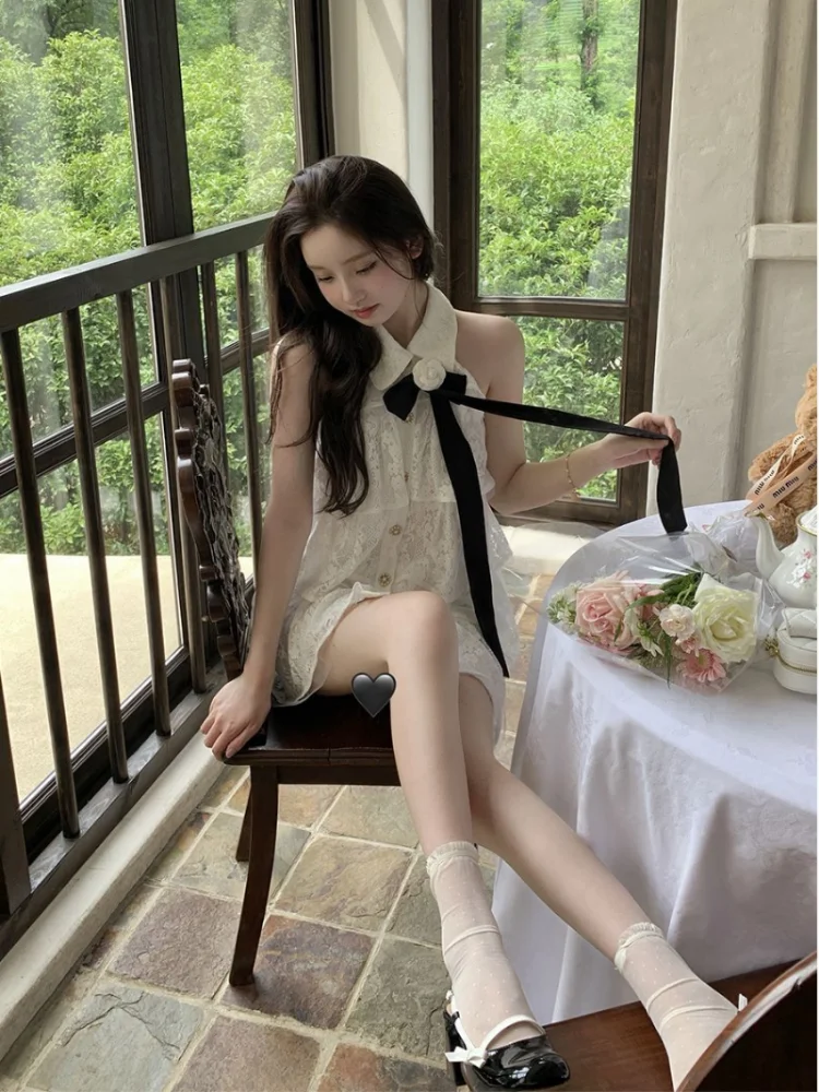 Hikigawa Lace Embroidery Cake Women Dress All Match Off Shoulder Dresses Chic Fashion Bow Patchwork Elegant Vestido De Mujer