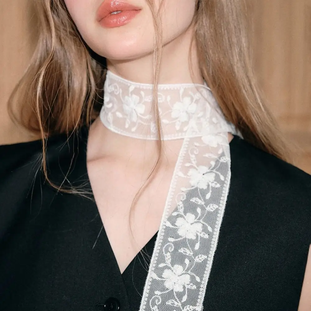 NEW Polyester Flower Lace Neck Strap Multi-function White Silk Scarf Black Long Ribbon Dressing Decoration