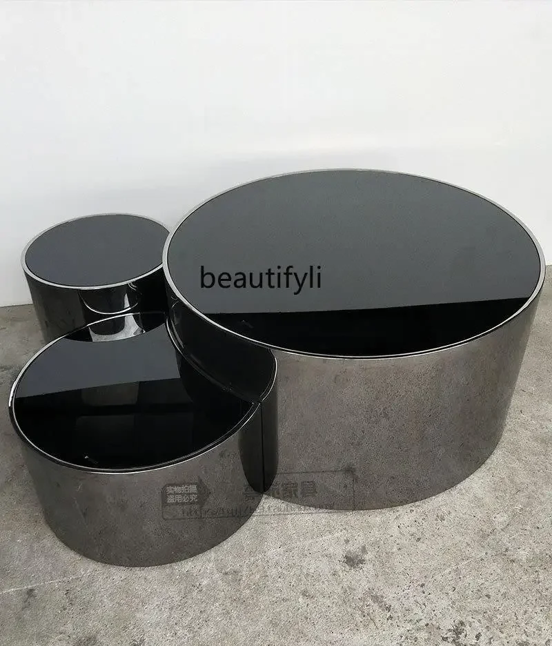 yj58 American Light Luxury Stainless Steel Coffee Table Living Room round Marble Table Tempered Glass Side Table