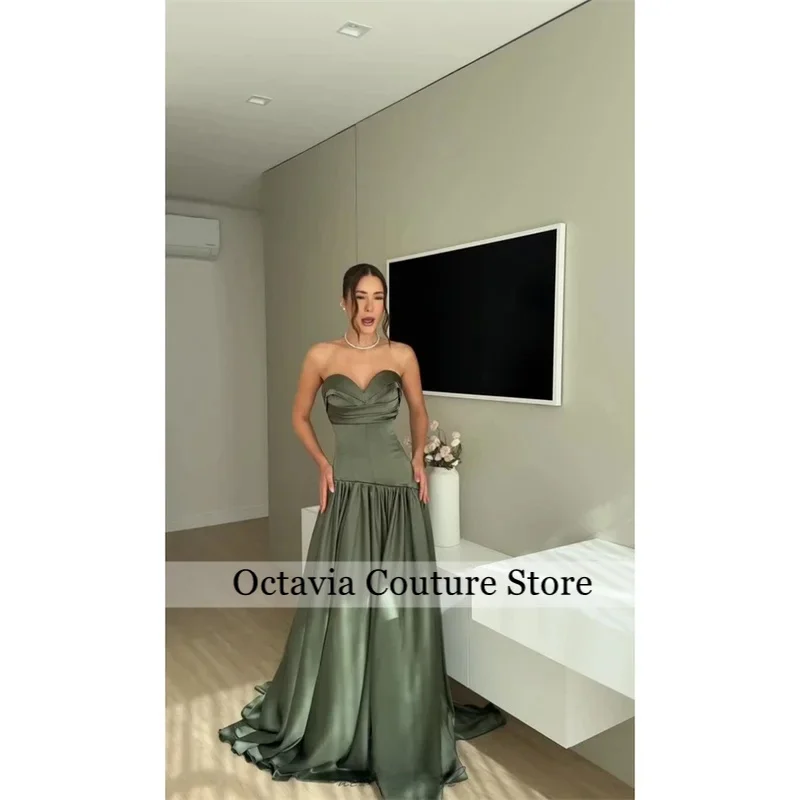 

Customized Green Sweetheart Neck Draped Prom Dress Satin Sleeveless vestidos de noiva Lace-Up Floor-Length Formal Evening