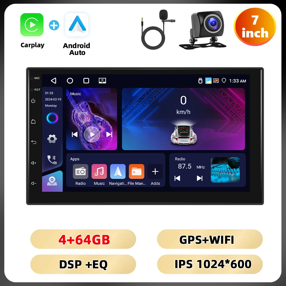 Podofo 4 + 64G 7 ''/9''/10.1 '''Autoradio Universele Android Multimedia Speler Wifi Gps Navigatie Carplay Android Auto Dsp Auto Audio - afbeelding 1