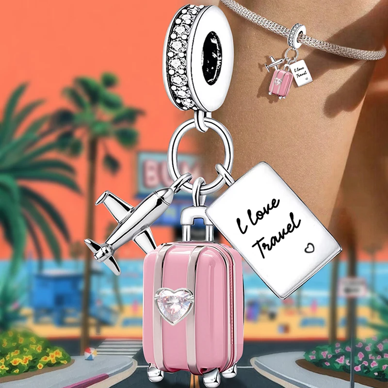 Fit 925 Original Bracelets Travel Life Series Orange Luggage Bags Airplane 925 Silver Charms Beads DIY Birthday Jewelry Gift