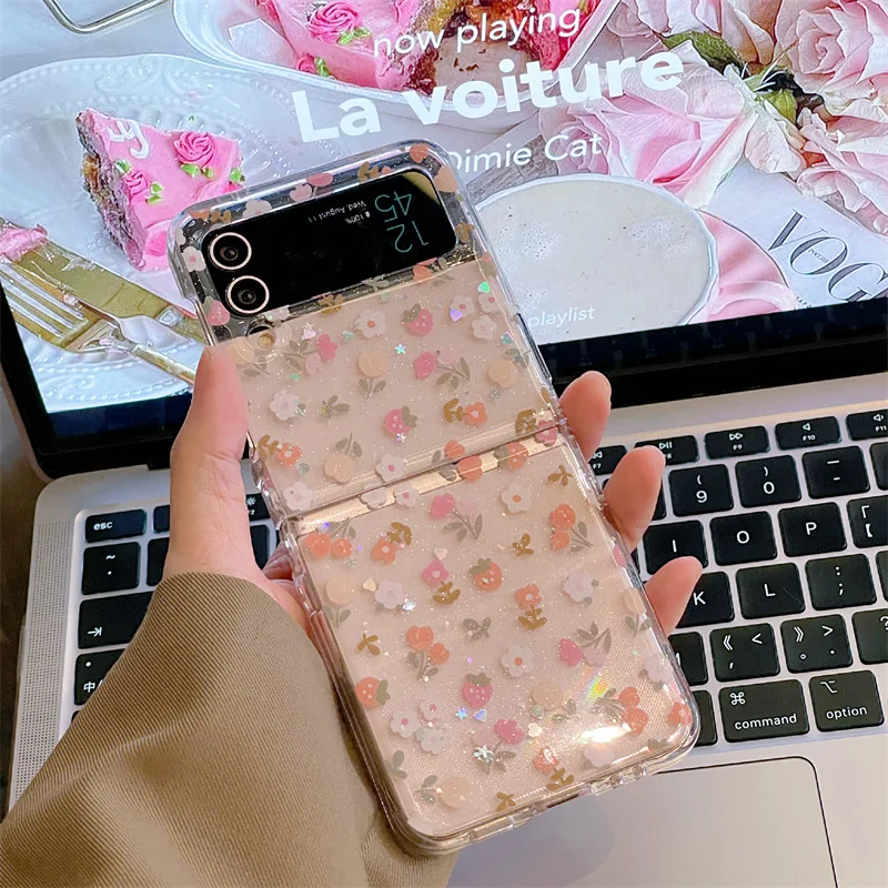 

Glitter Flower Transparent Phone Case for Samsung Galaxy Z Flip 3 Z Flip 4 Hard PC Back Cover for ZFlip3 ZFlip4 Case Shell