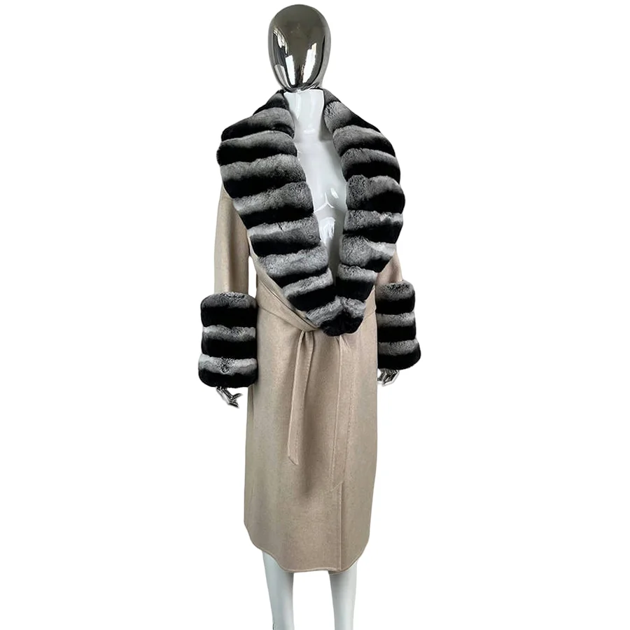 Płaszcz damski z naturalnego futra szynszyli Długi, luźny, wełniany płaszcz damski Kaszmirowy kardigan z futrem Modna ciepła odzież wierzchnia