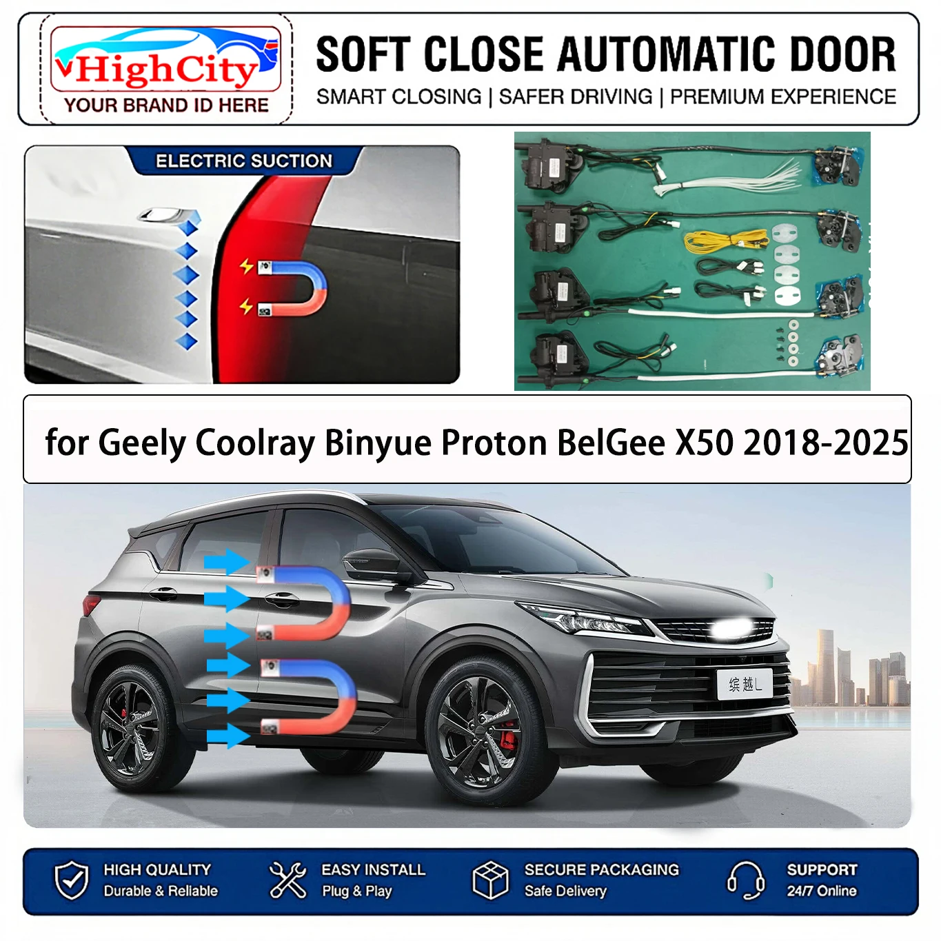for Geely Coolray Binyue Proton BelGee X50 Electric Suction Soft Close Door Kit Smart Anti Pinch Auto Cinch Latch System No Slam