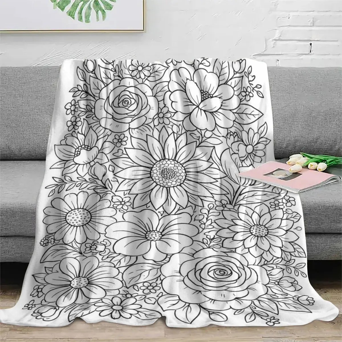 1pc Hand‑Drawn Floral‑Print Throw Blanket, Sofa & Office & Lunch Break Decor, Relaxing DIY Coloring Home Gift