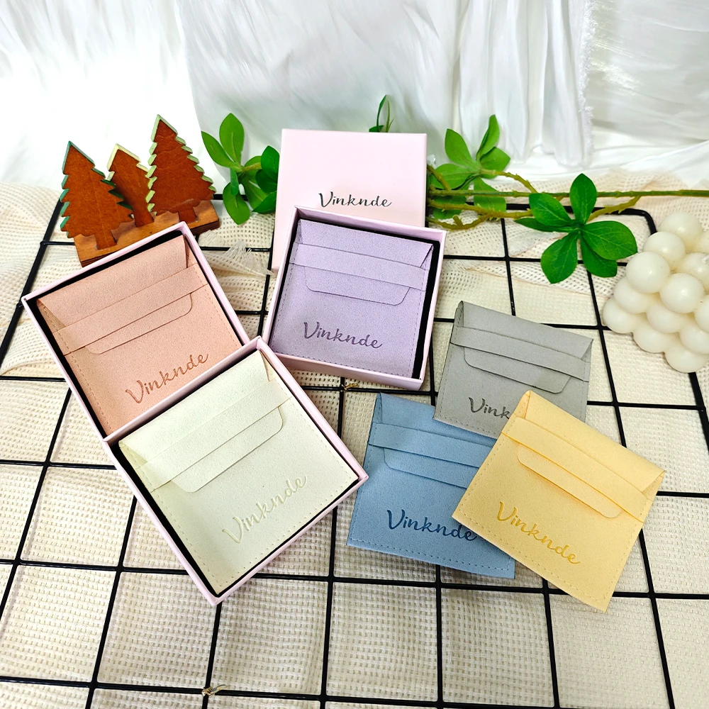 

Custom Logo Set Jewelry Gift Light Pink Boxes Microfiber Suede Velvet Envelope Bags Rings Earrings Wedding Candy Organizer Pouch