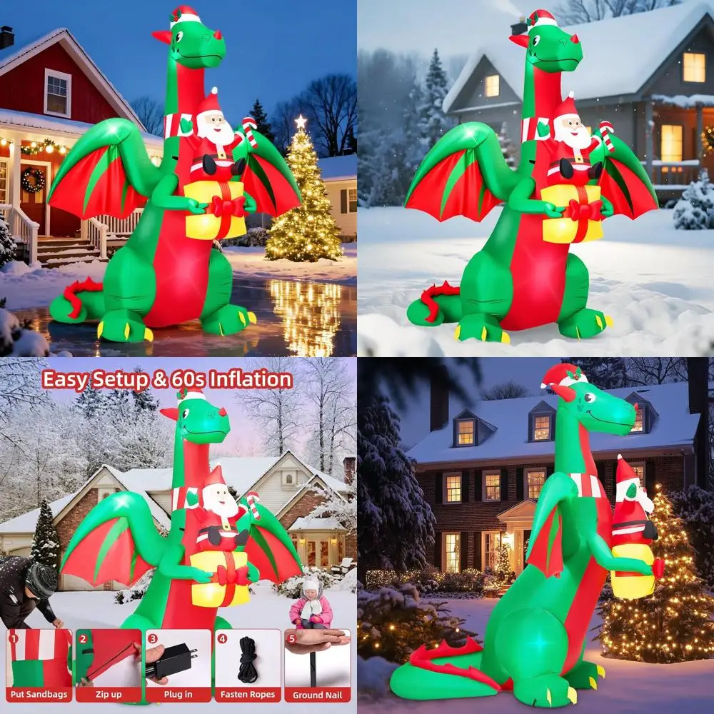 

Giant Christmas Inflatable Dragon with Santa and LED Lights for Outdoor and Indoor Holiday Decorations, Yard, Garden, Lawn Decor