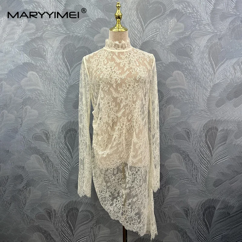 MARYYIMEI Spliced ​​lace top stand-collar long-sleeved hypotenuse mid-length top 2026 autumn fashion women's new style