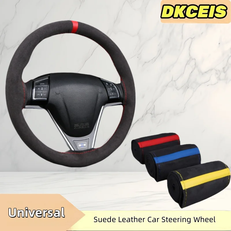 Universal Hand Sewing 38CM Black Suede Leather Braiding Car Steering Wheel Cover Soft Wear-Resistant Comfortable Wear Resistant
