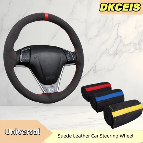 Imagen 1 del producto Funda Universal para volante de coche trenzado de cuero de ante negro, costura a mano, 38CM, suave, resistente al desgaste, cómoda y resistente al desgaste