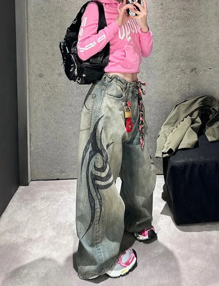 レディース レトロ ランドリー ジーンズ Y2K プリント柄 カジュアル おしゃれ おしゃれ ヒップホップ ヒップホップ ガール ワイドレッグ パンツ 男女兼用