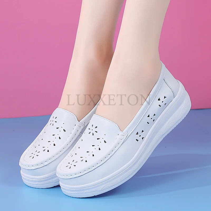 Women Flat Shoes Summer Tendon Bottom Women Loafers Trendy Lightweight Slip on White Casual Sports Shoes Hollow